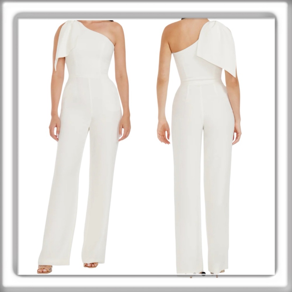 Dress The Population Bow-Trim One-Shoulder Jumpsuit Pockets Off White Size XS